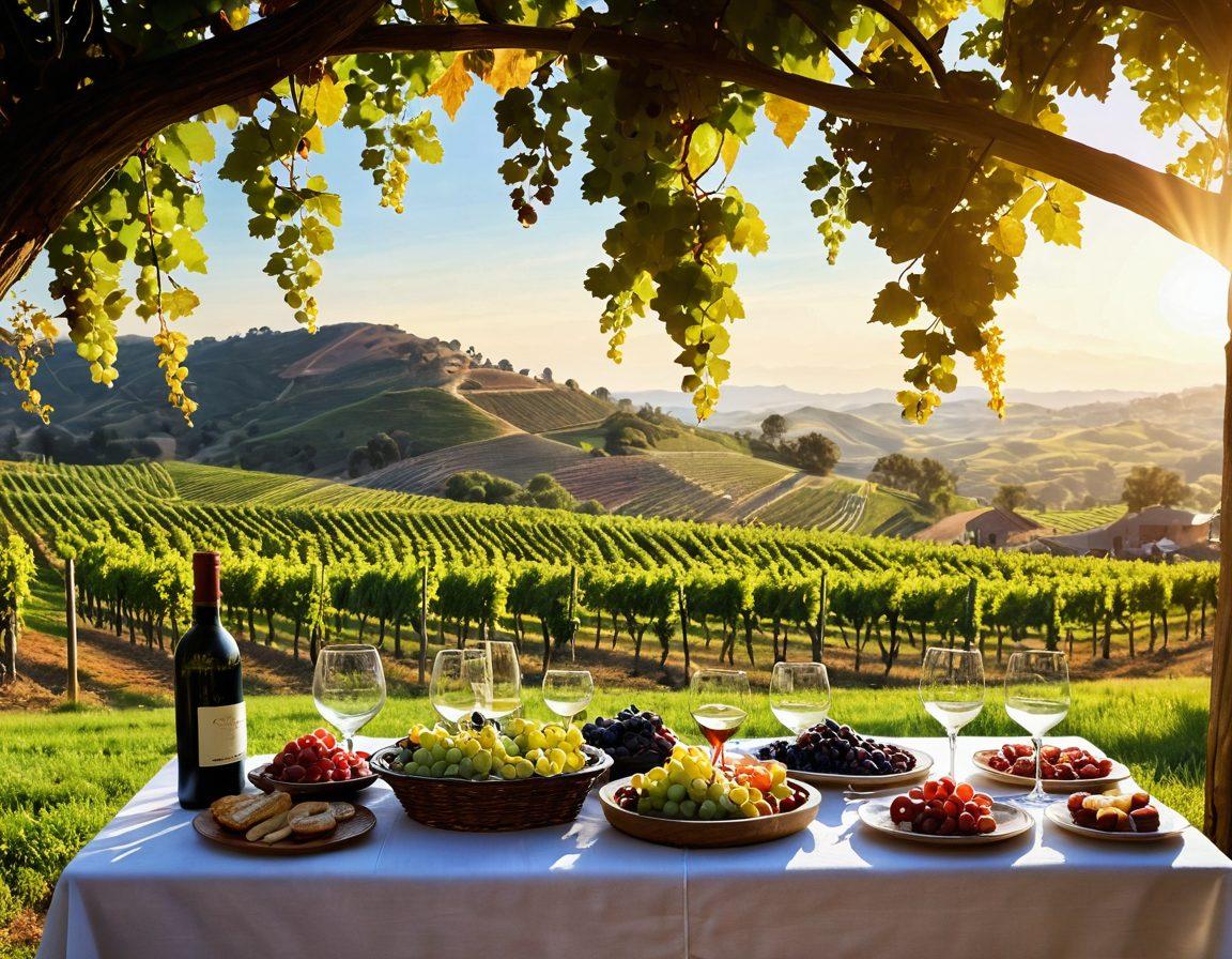 A picturesque vineyard nestled in rolling hills, showcasing ripe grapes ready for harvest. Include a diverse group of workers carefully picking grapes and transporting them to a rustic winery nearby. The scene transitions to a beautifully set table featuring fine Asian wines elegantly poured into crystal glasses, surrounded by Asian-inspired appetizers. The warm sunlight casts a golden hue over the entire landscape, emphasizing the journey from grape to glass. vibrant colors. painting.