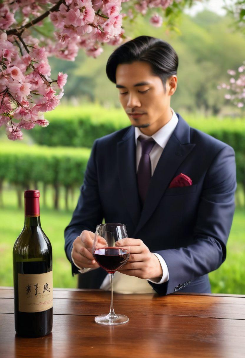 A sommelier thoughtfully examining a glass of red wine against a backdrop of a lush vineyard, adorned with bamboo and cherry blossom trees symbolizing Asian culture. Include a range of premium wine bottles and exotic Asian alcoholic beverages displayed artistically on a rustic wooden table. Capture the essence of discovery and appreciation, evoking warmth and sophistication. super-realistic. vibrant colors. detail-rich.