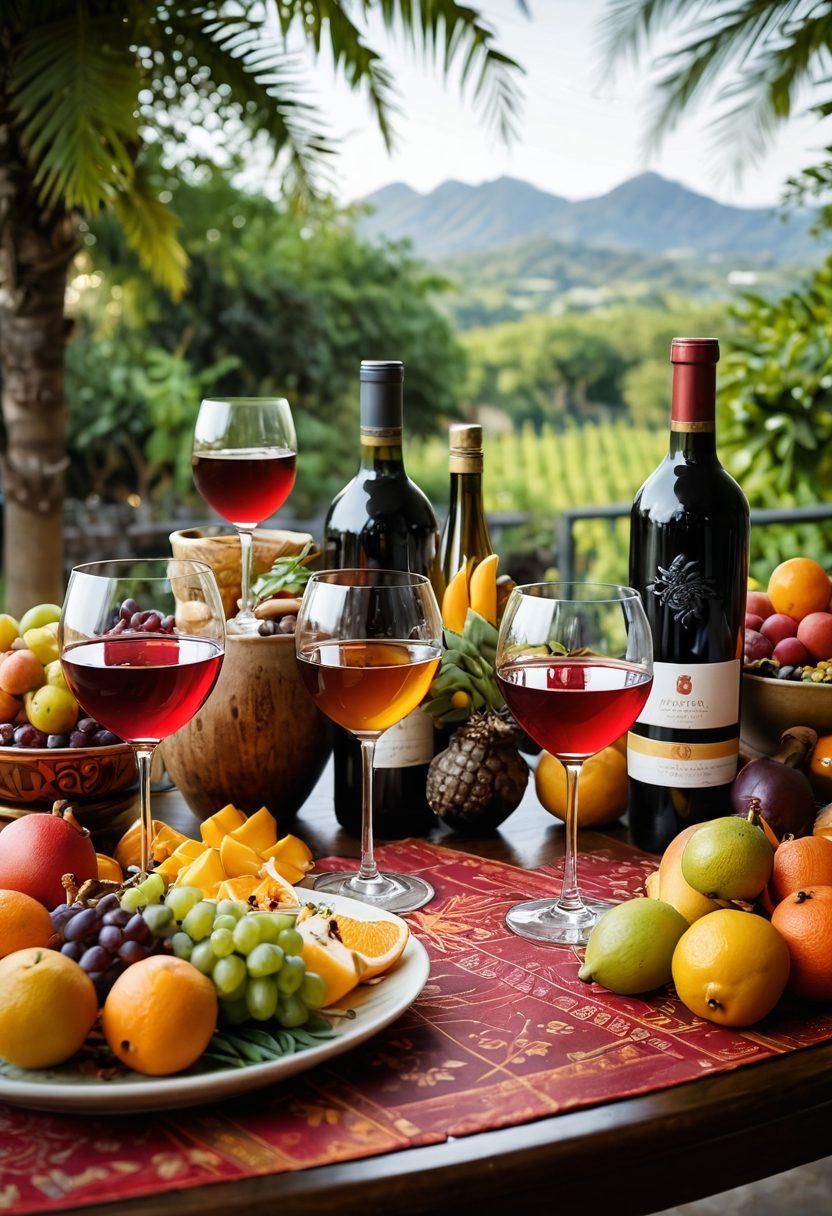 A beautifully arranged table featuring an array of exotic Asian wines in elegant glasses, surrounded by colorful tropical fruits and aromatic spices. The backdrop should include elements of Asian culture, like traditional ceramic wine jars and intricate patterns, with soft ambient lighting highlighting the wines' rich colors. Include a serene vineyard landscape in the distance to evoke the atmosphere of wine tasting. super-realistic. vibrant colors. warm lighting.